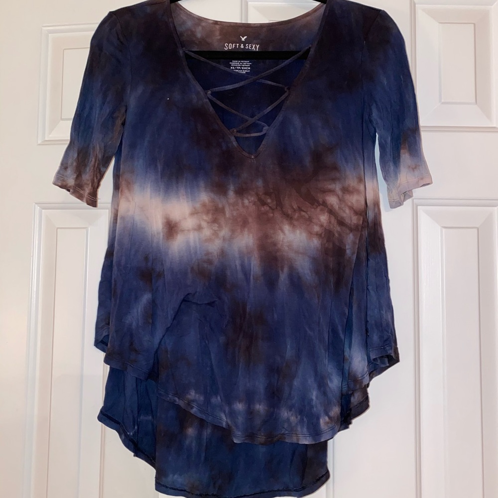 American Eagle Cross Lace Blue& Brown TieDye Tee
